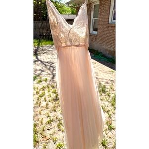 Vintage 70s Sheer Lace Babydoll Pink Slip Dress Fairy Coquette S